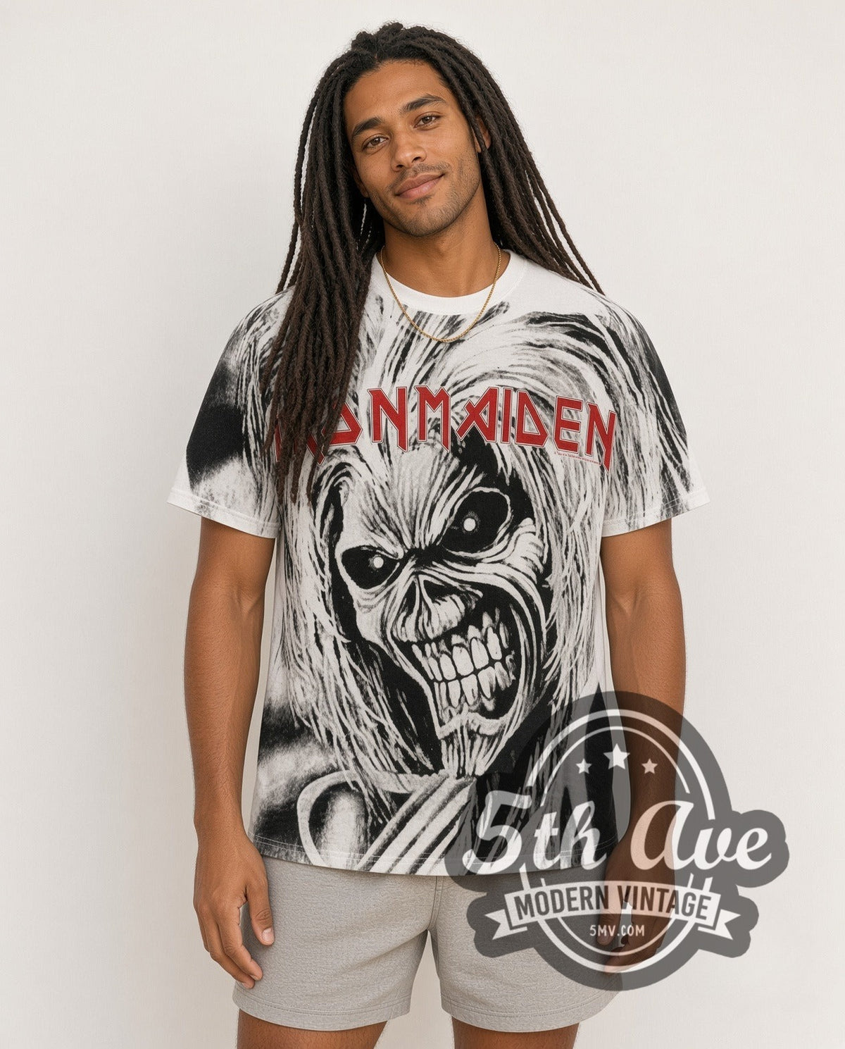 Model wearing Iron Maiden Eddie Face white all over print vintage band tee