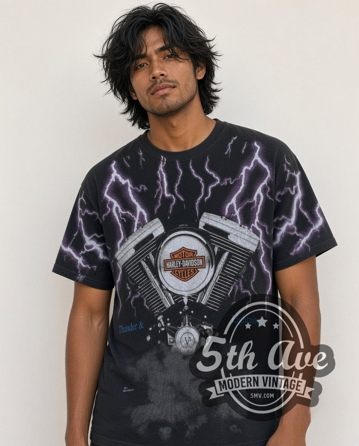 Model wearing the Harley-Davidson Thunder Lightning Engine all-over-print vintage Harley tee in black