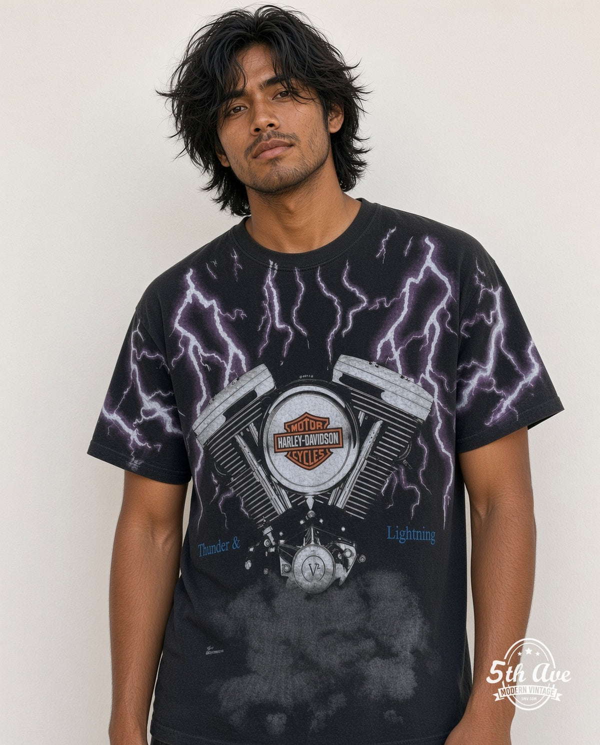 Model wearing the Harley-Davidson Thunder Lightning Engine all-over-print graphic tee in black