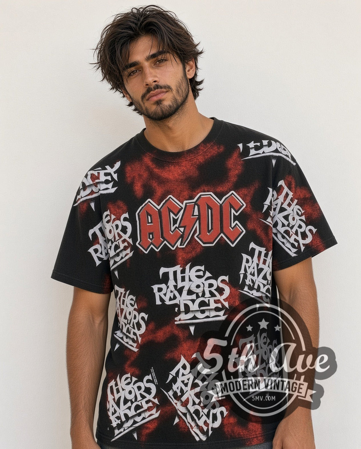 Model wearing the AC/DC Razors Edge Logo Collage all-over-print vintage band t-shirt in black