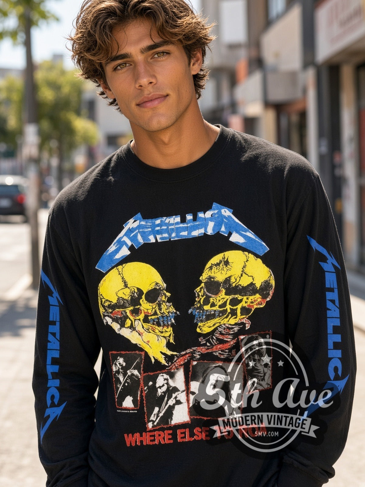 Model wearing the Metallica Where Else to Roam vintage band long sleeve t-shirt
