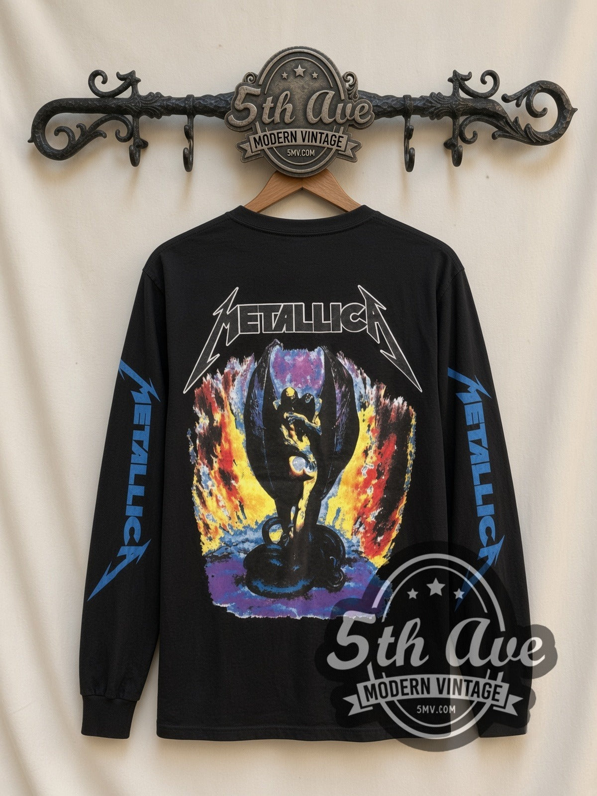 Metallica Where Else to Roam vintage band long sleeve t-shirt, back view on a display rack