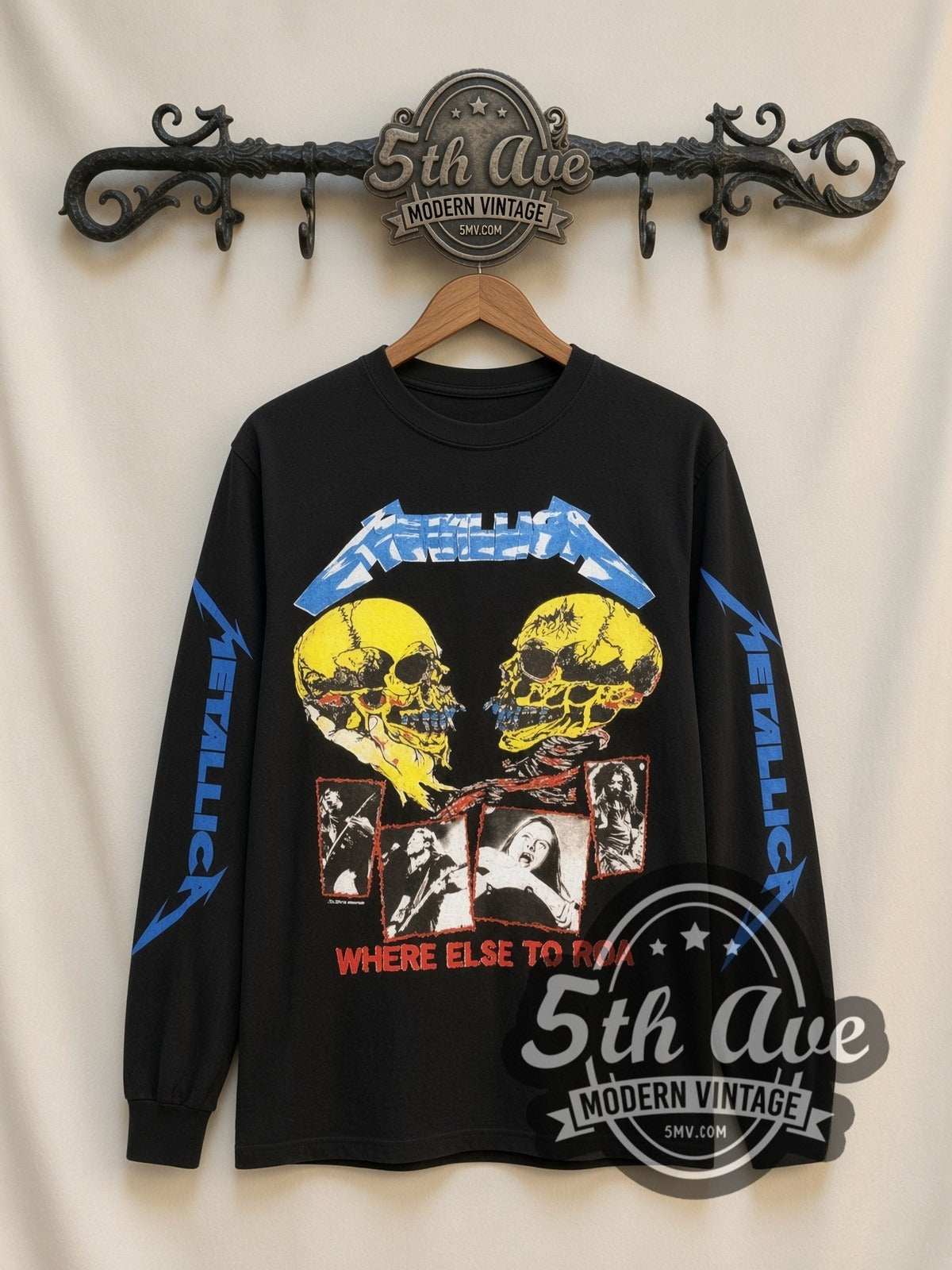 Metallica Where Else to Roam vintage band long sleeve t-shirt, front view on a display rack