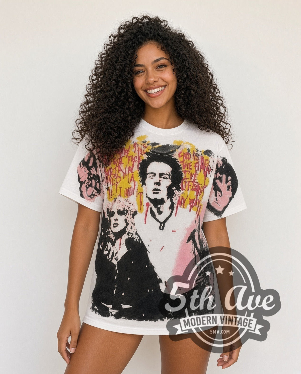 Model wearing the Sex Pistols Sid Nancy I Did It My Way all-over-print vintage band t-shirt in white