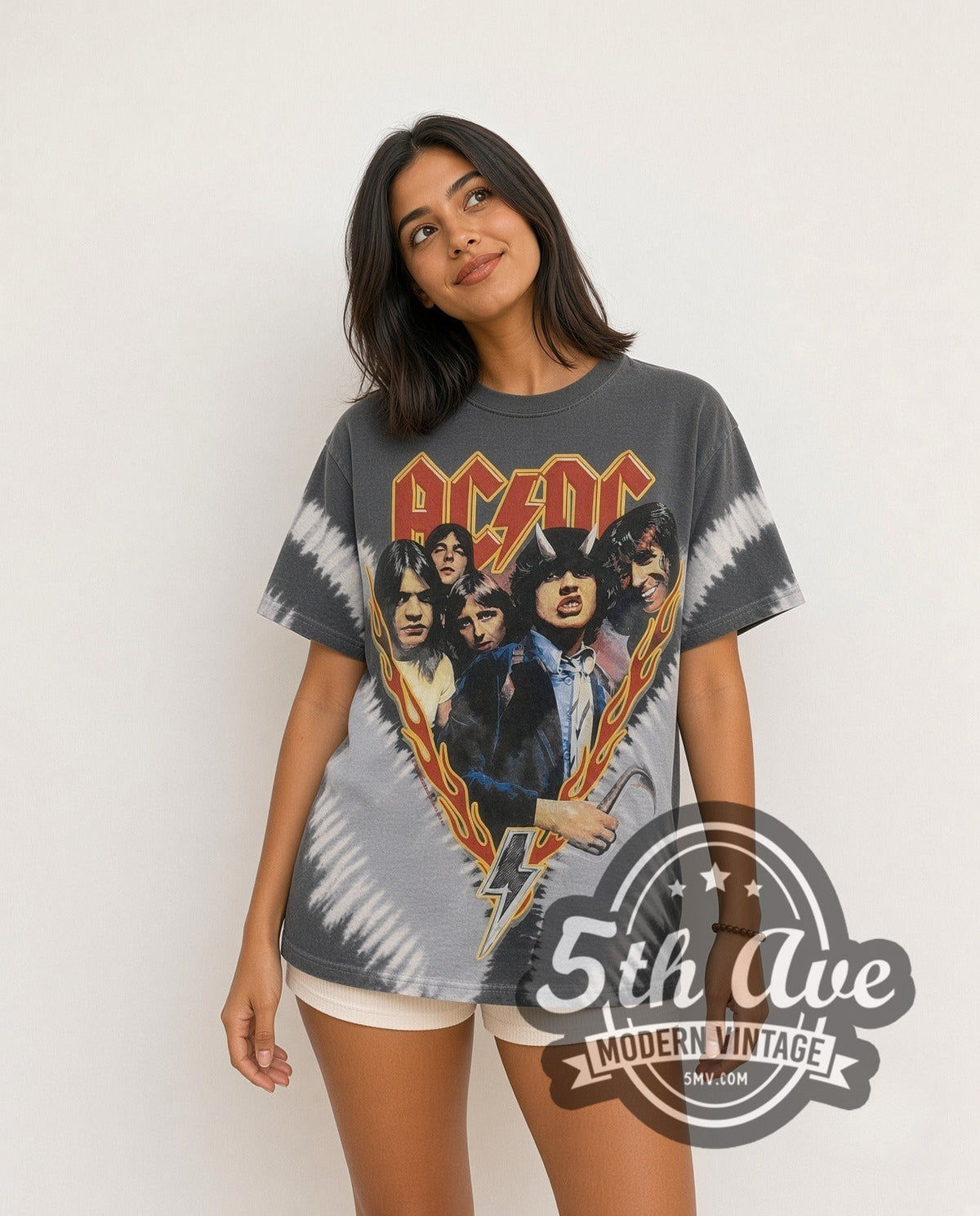 Model wearing the AC/DC Highway to Hell Tie-Dye V Grey all-over-print vintage band t-shirt