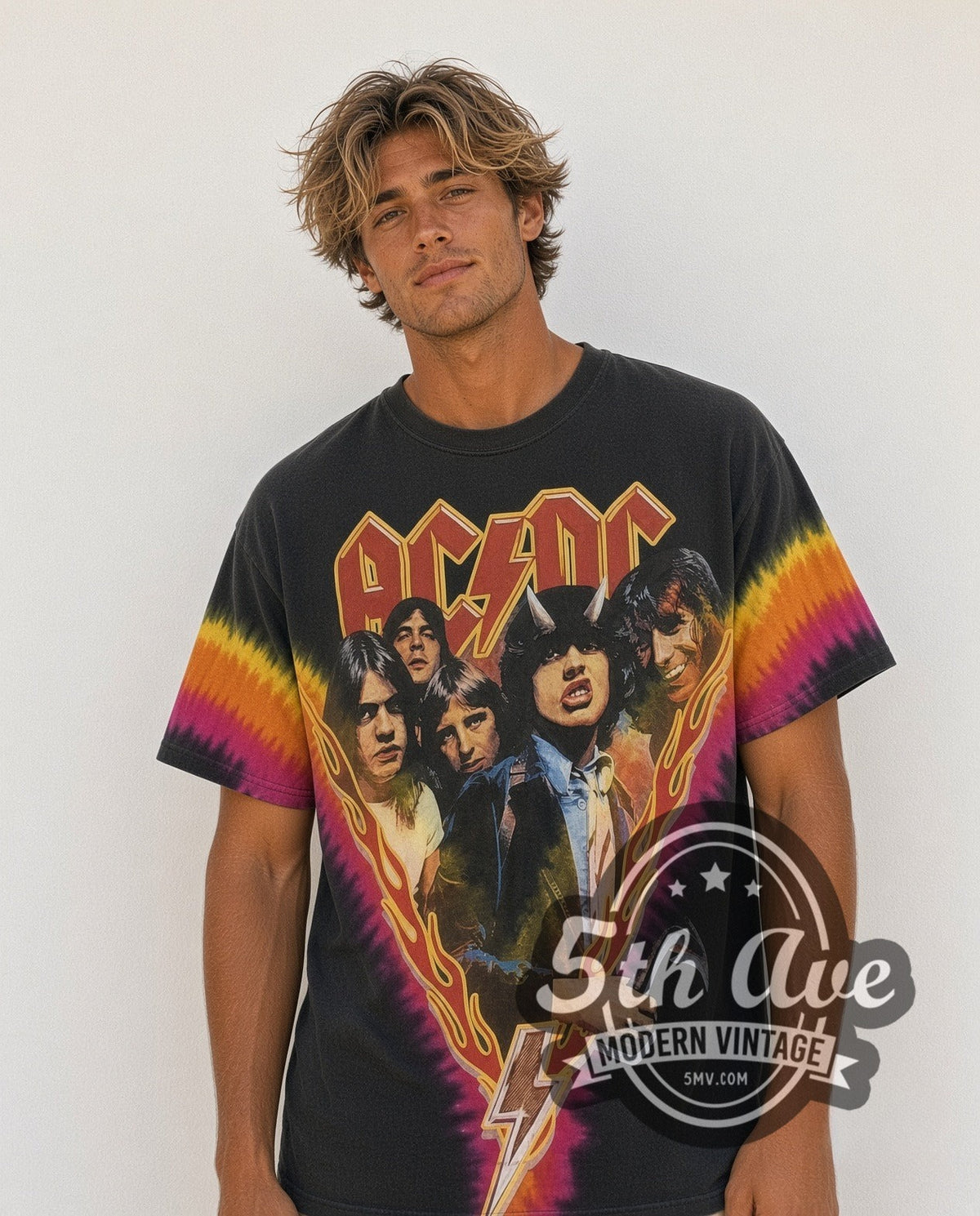Model wearing the AC/DC Highway to Hell Tie-Dye V all-over-print vintage band t-shirt in black