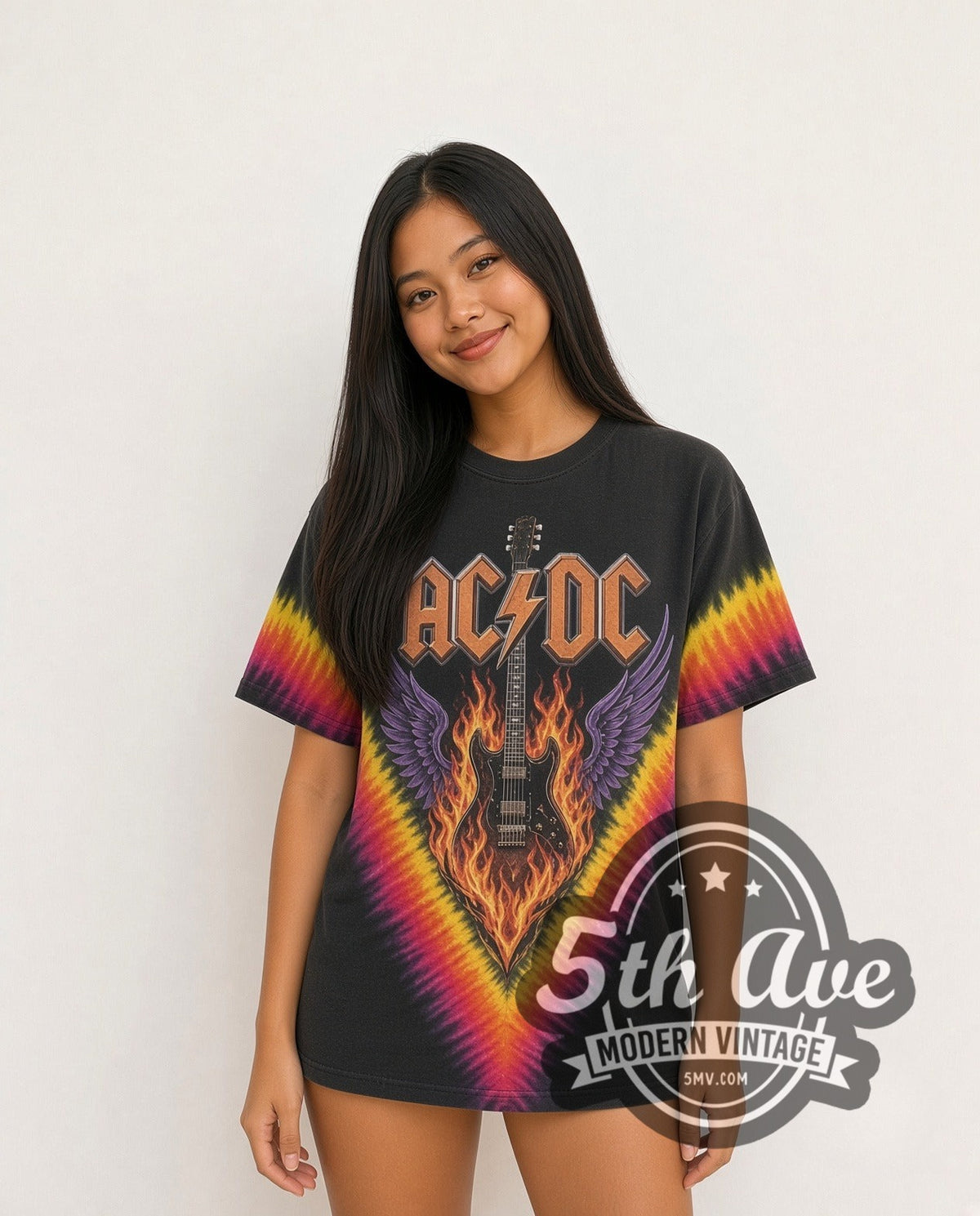 Model wearing AC/DC Flaming Winged Guitar Tie-Dye V vintage band tee