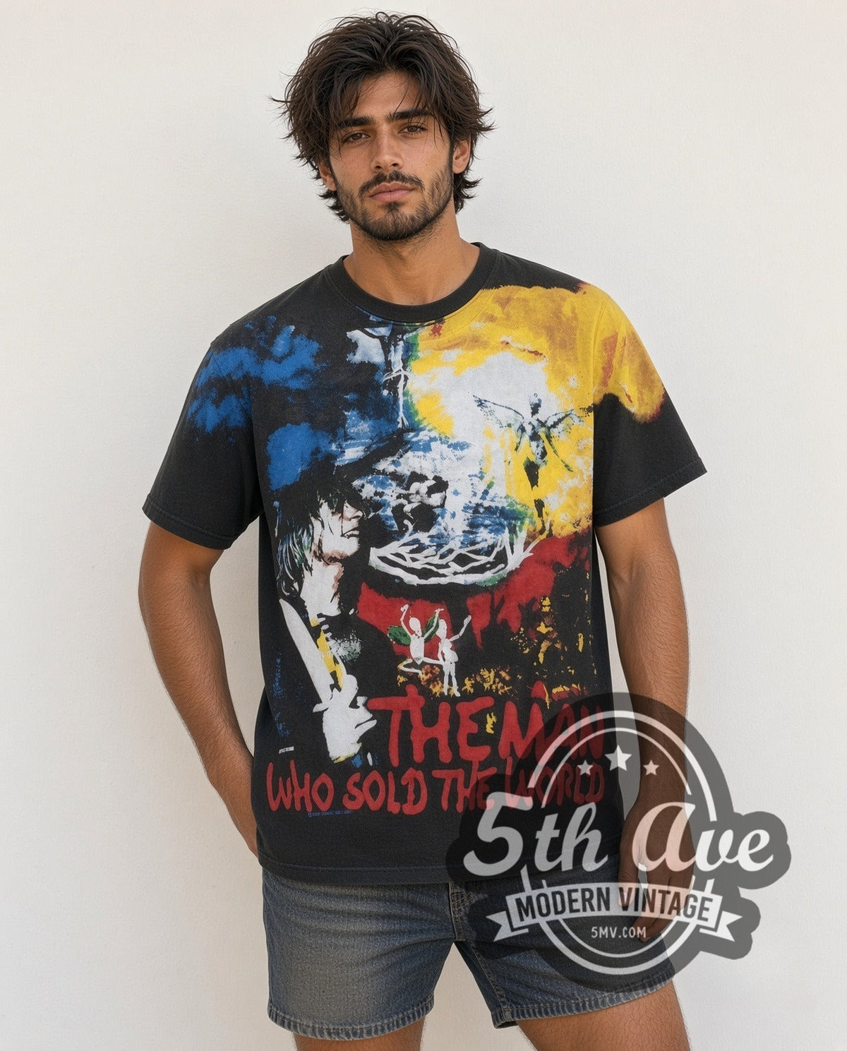 Model wearing the Nirvana Man Who Sold The World all-over-print vintage band t-shirt in black