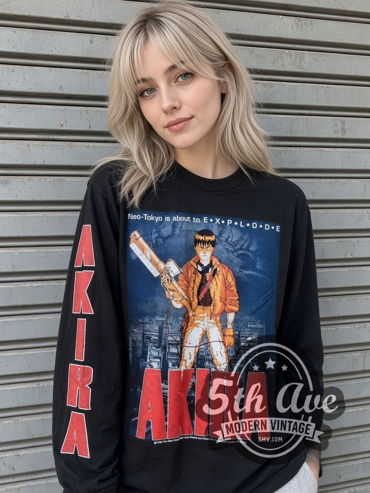 Model wearing the Akira Kaneda vintage anime long sleeve t-shirt