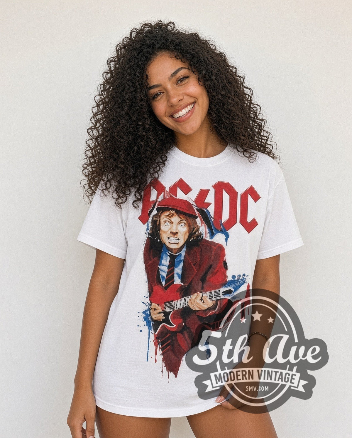 Model wearing the AC/DC Angus Suit vintage band t-shirt in white