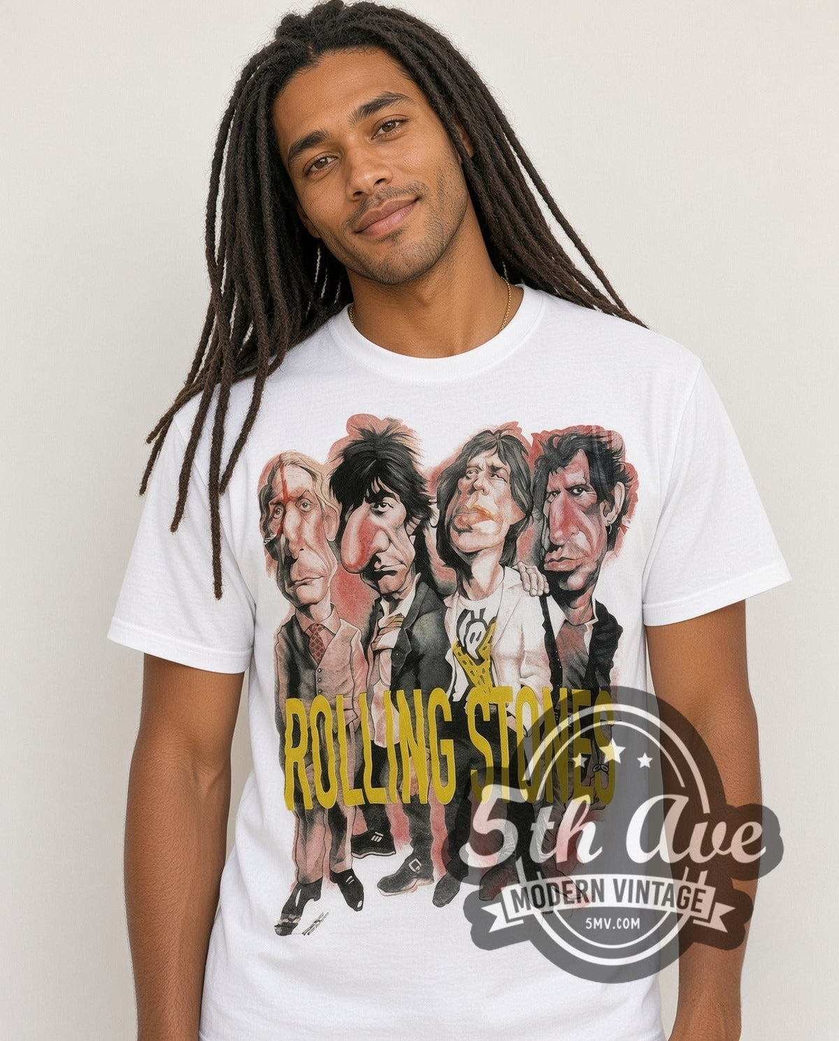 Model wearing The Rolling Stones Voodoo Lounge Caricature all-over-print vintage band t-shirt in white
