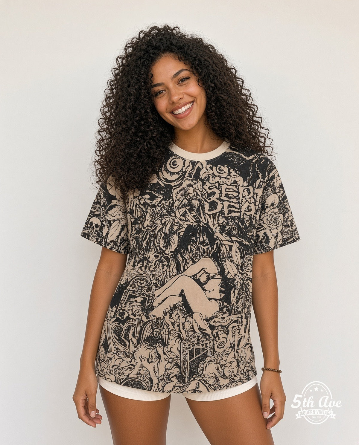 Model wearing the Septic Death Skeleton Roses all-over-print vintage band t-shirt
