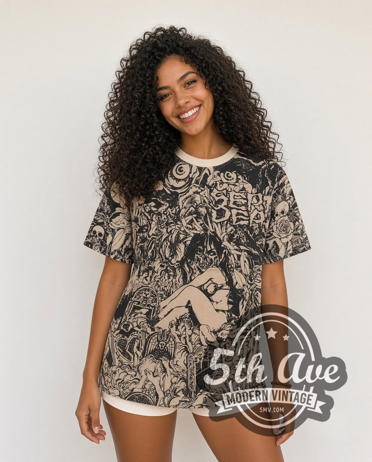 Model wearing the Septic Death Skeleton Roses all-over-print vintage band t-shirt