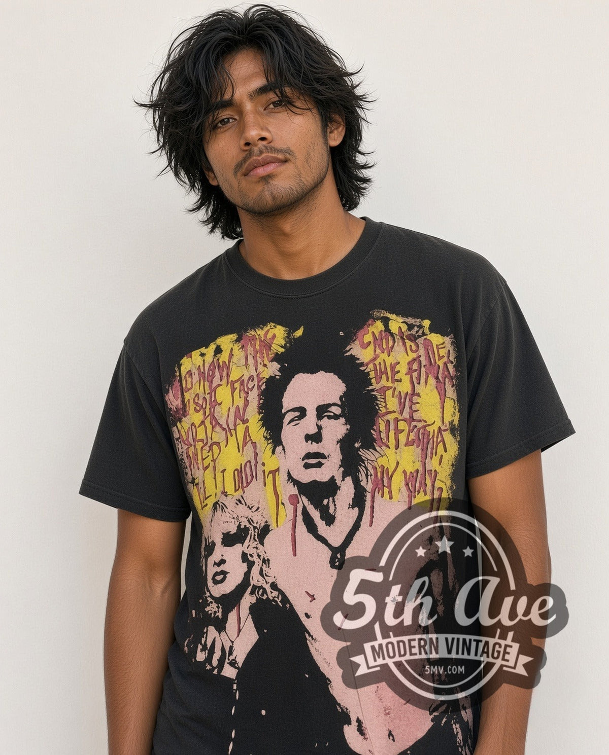 Model wearing the Sex Pistols Sid Vicious Nancy Spungen all-over-print vintage band t-shirt in black