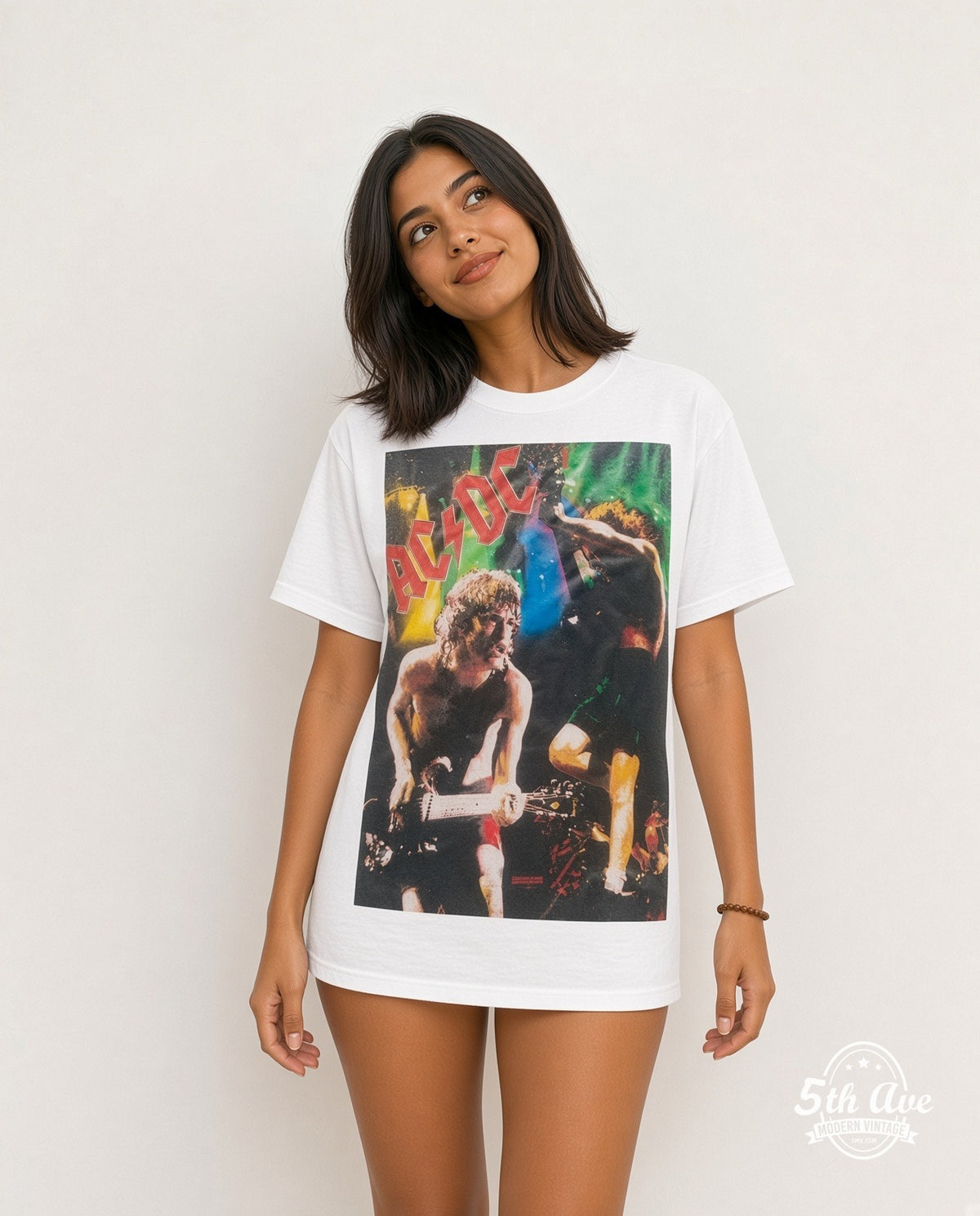 Model wearing AC/DC Angus Concert Stage white all over print vintage band tee