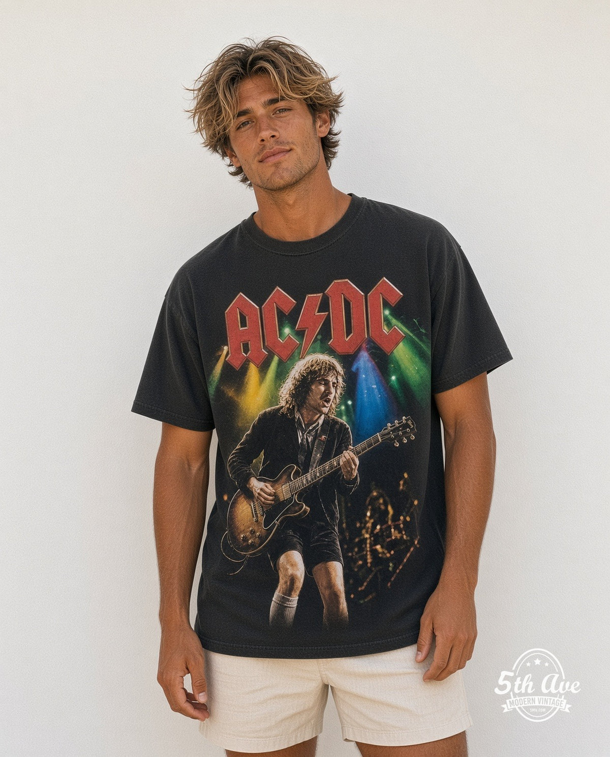 Model wearing AC/DC Angus Concert Stage all over print vintage band tee
