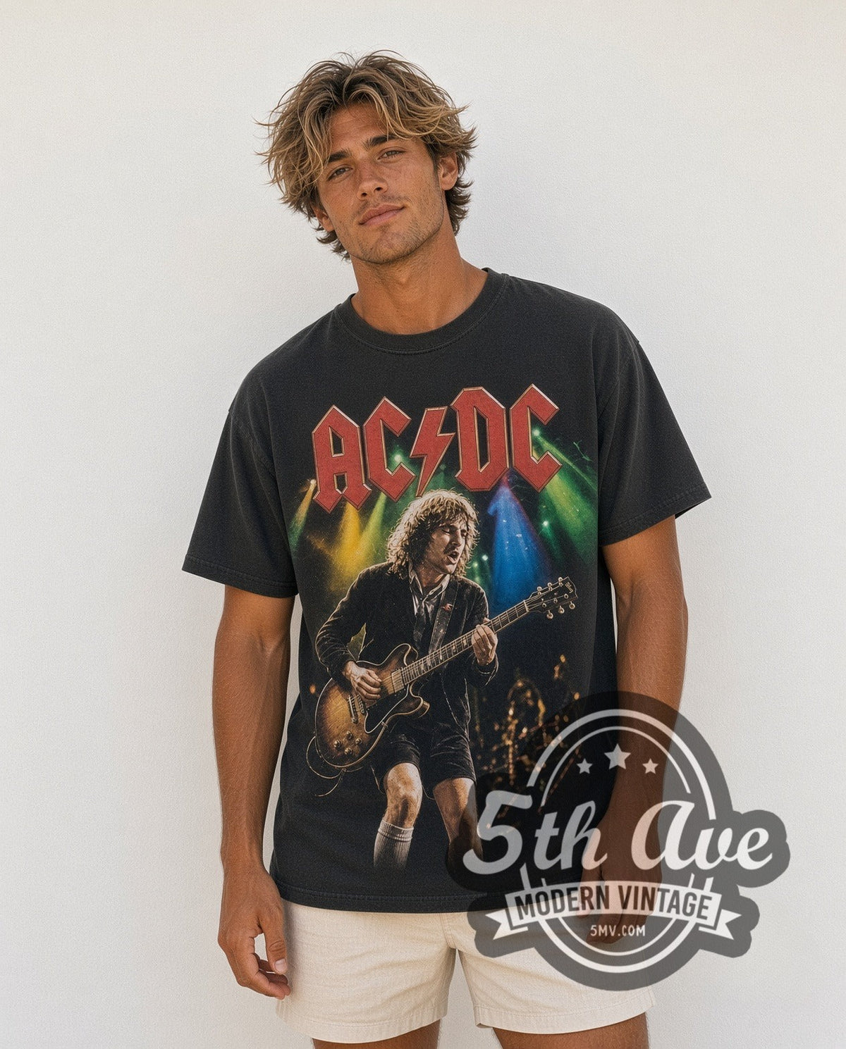 Model wearing AC/DC Angus Concert Stage all over print vintage band tee