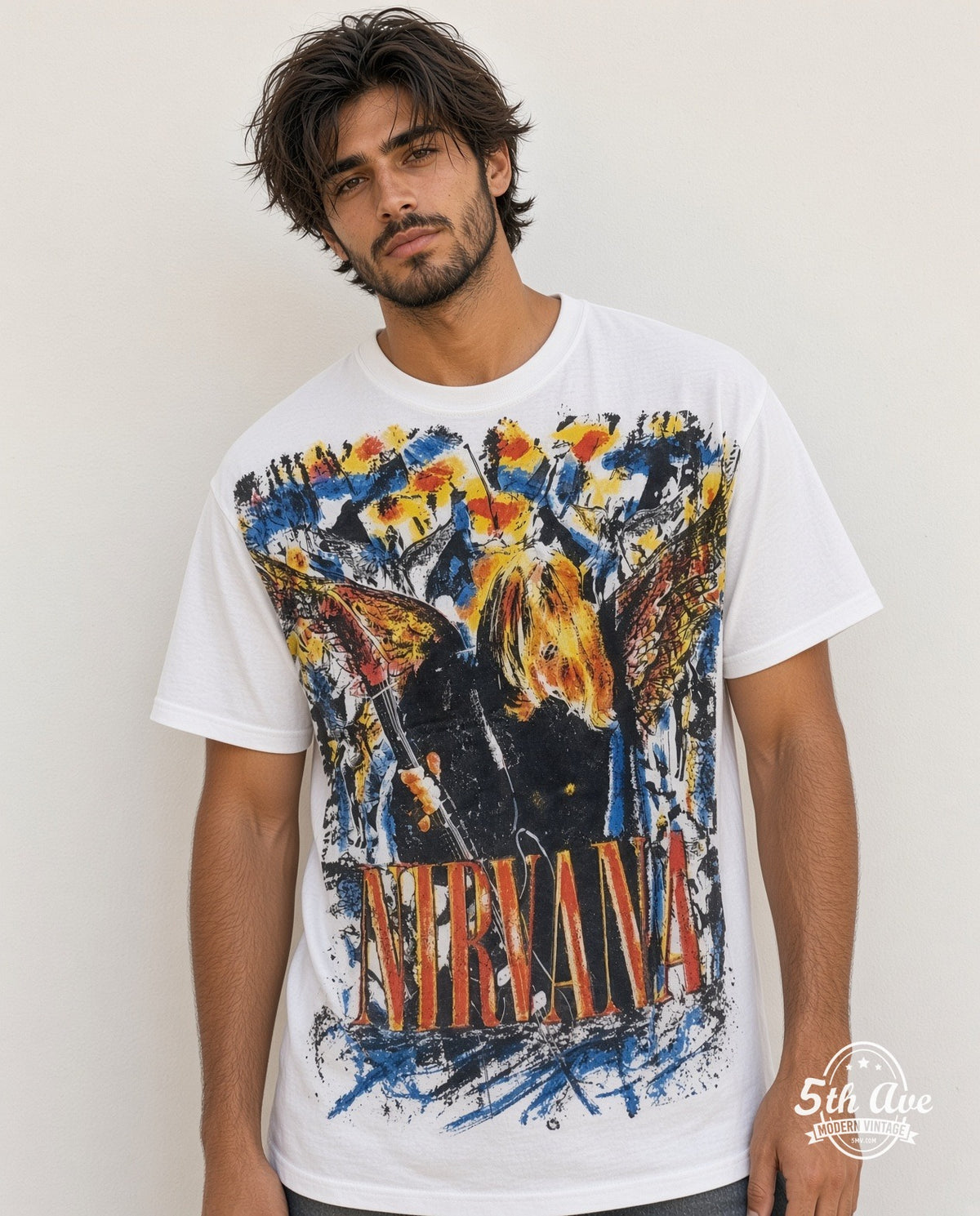 Model wearing Nirvana Winged Figure all over print vintage band tee