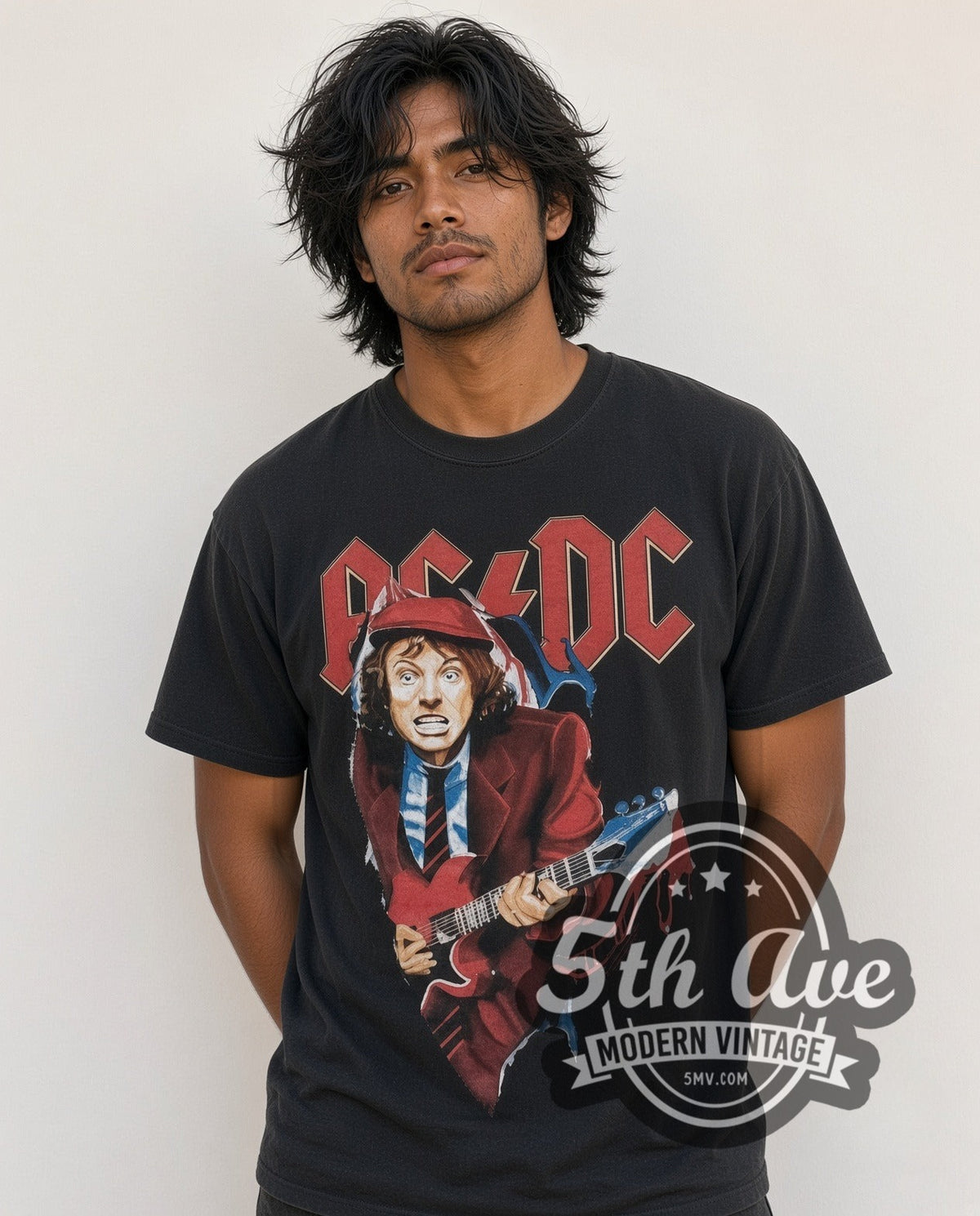 Model wearing the AC/DC Angus Suit vintage band t-shirt in black