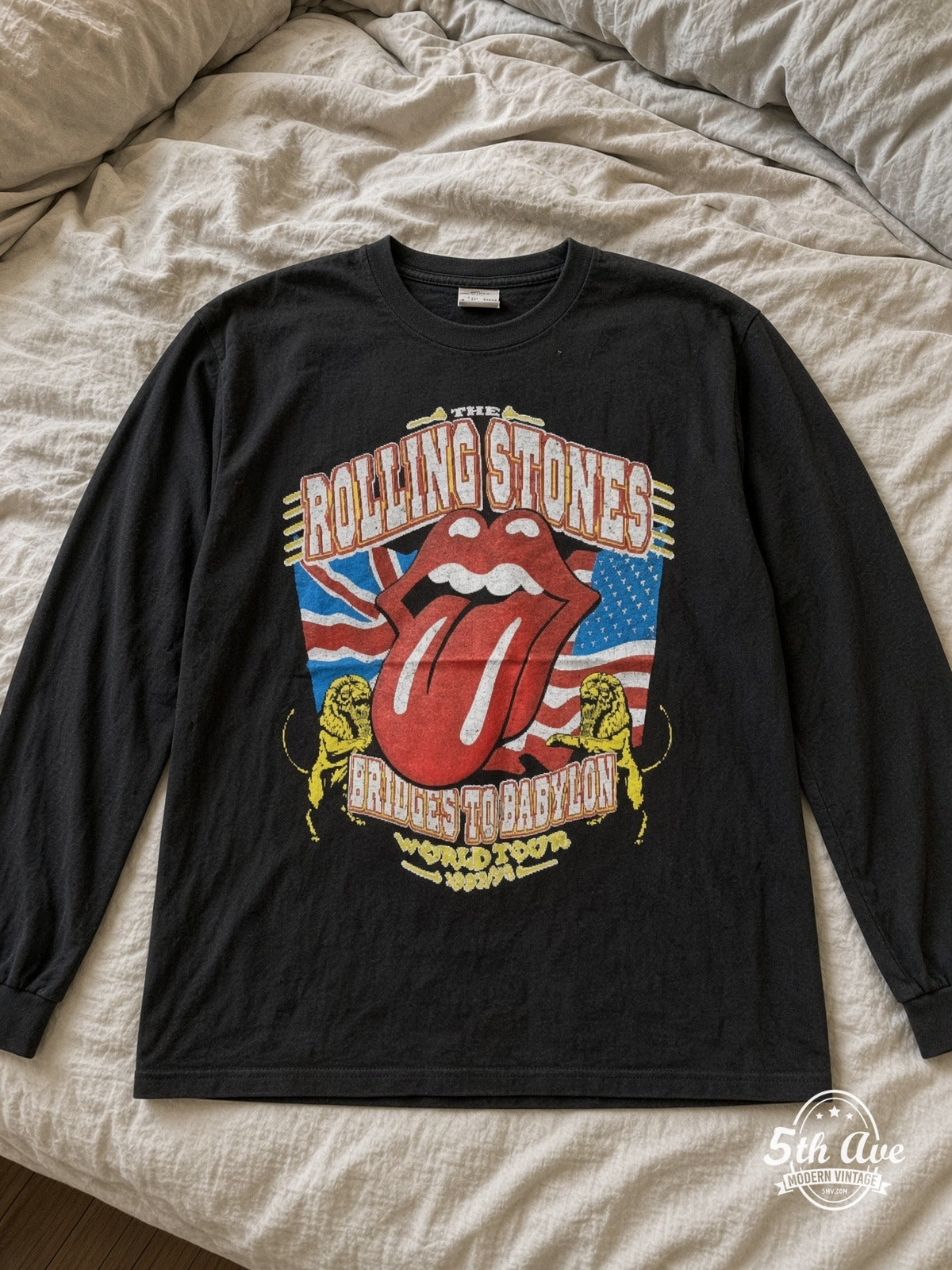 ETS LS 38 The Rolling Stones Bridges to Babylon long sleeve vintage tee laid on a bed