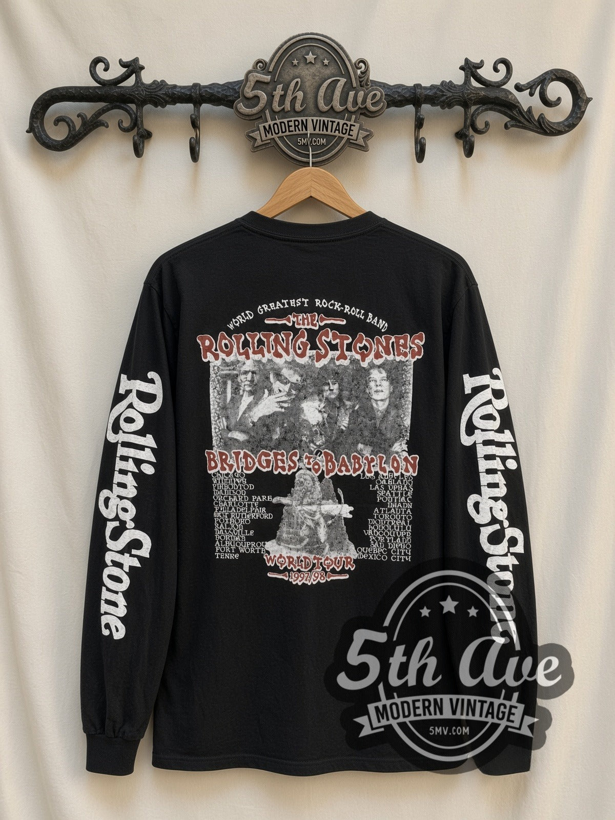 The Rolling Stones Bridges to Babylon vintage band long sleeve t-shirt, back view on a display rack