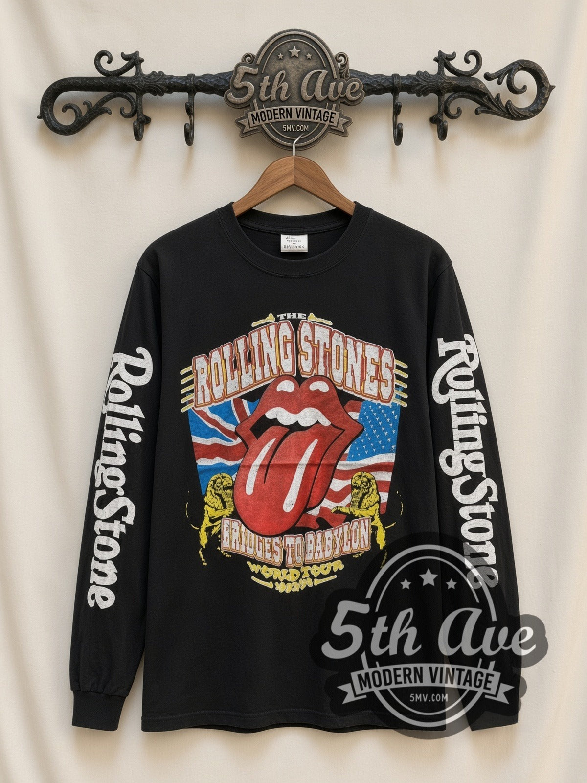 The Rolling Stones Bridges to Babylon vintage band long sleeve t-shirt, front view on a display rack