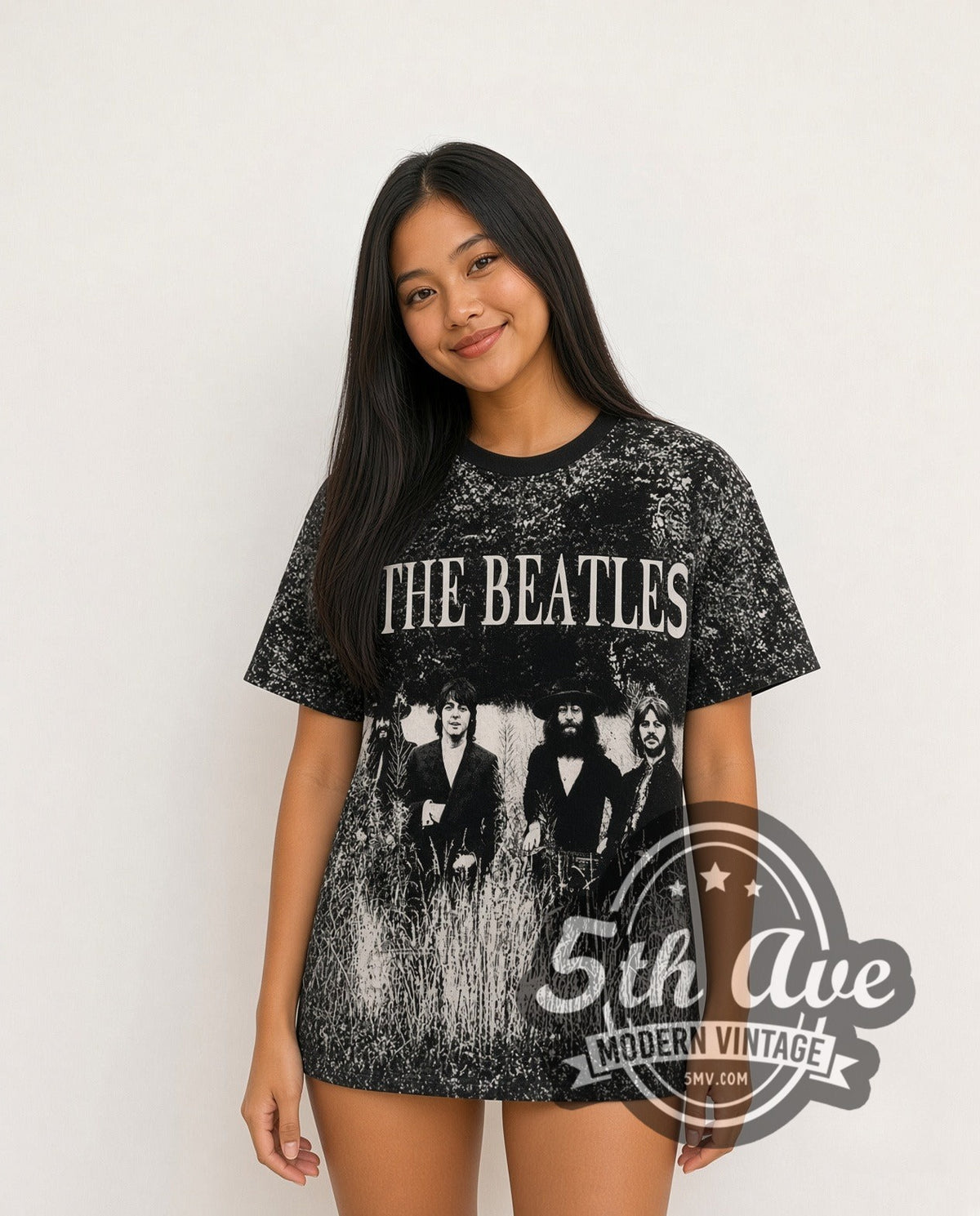 Model wearing The Beatles Field Photo all-over-print vintage band t-shirt in black