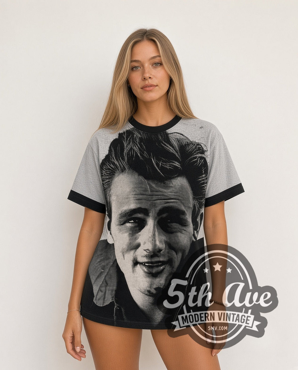 Model wearing the James Dean Smile Portrait all-over-print vintage graphic tee in black