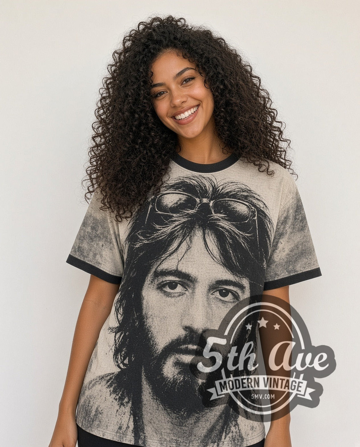 Model wearing the Al Pacino Serpico Sunglasses Variant all-over-print vintage graphic tee