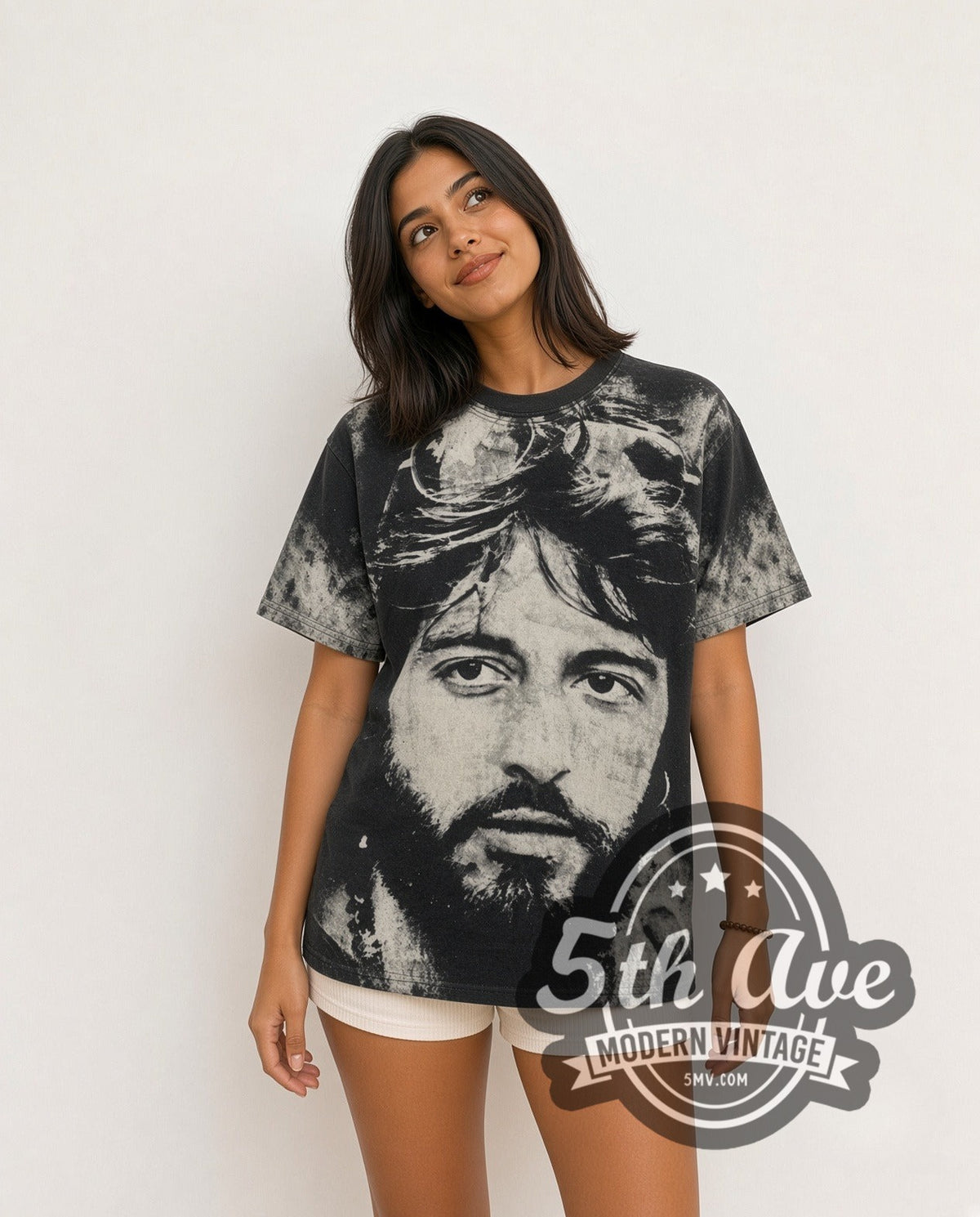 Model wearing the Al Pacino Serpico Sunglasses all-over-print vintage graphic tee in black