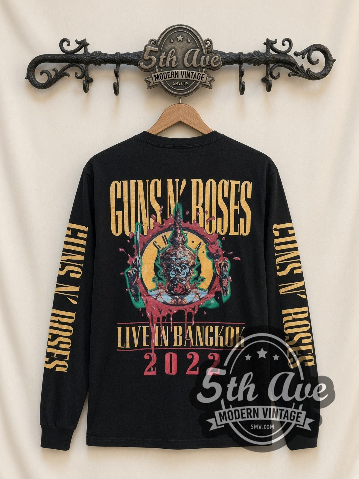 Guns N' Roses 2022 Concert Date vintage band long sleeve t-shirt, back view on a display rack