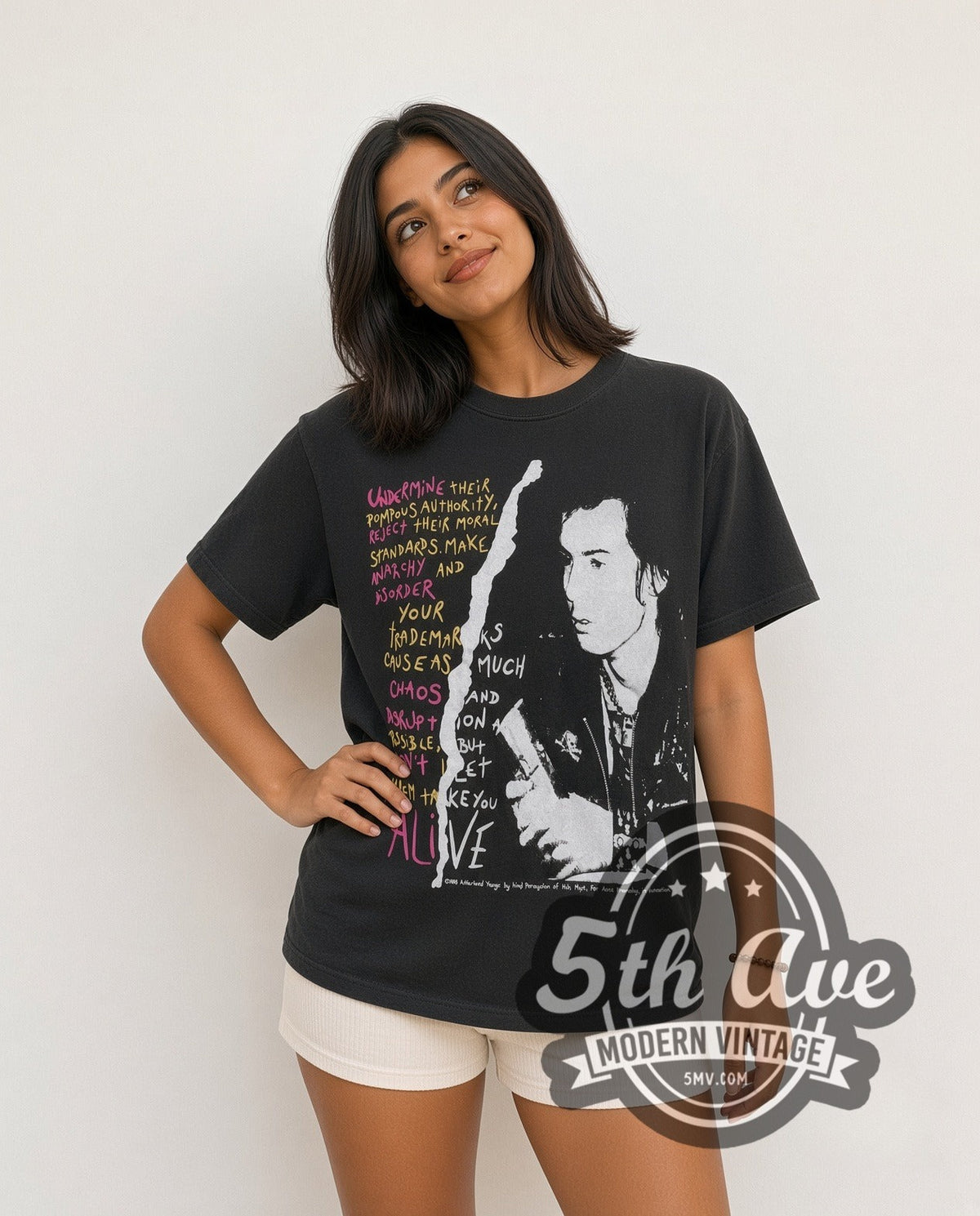 Model wearing the Sid Vicious Your Friends vintage band t-shirt in black