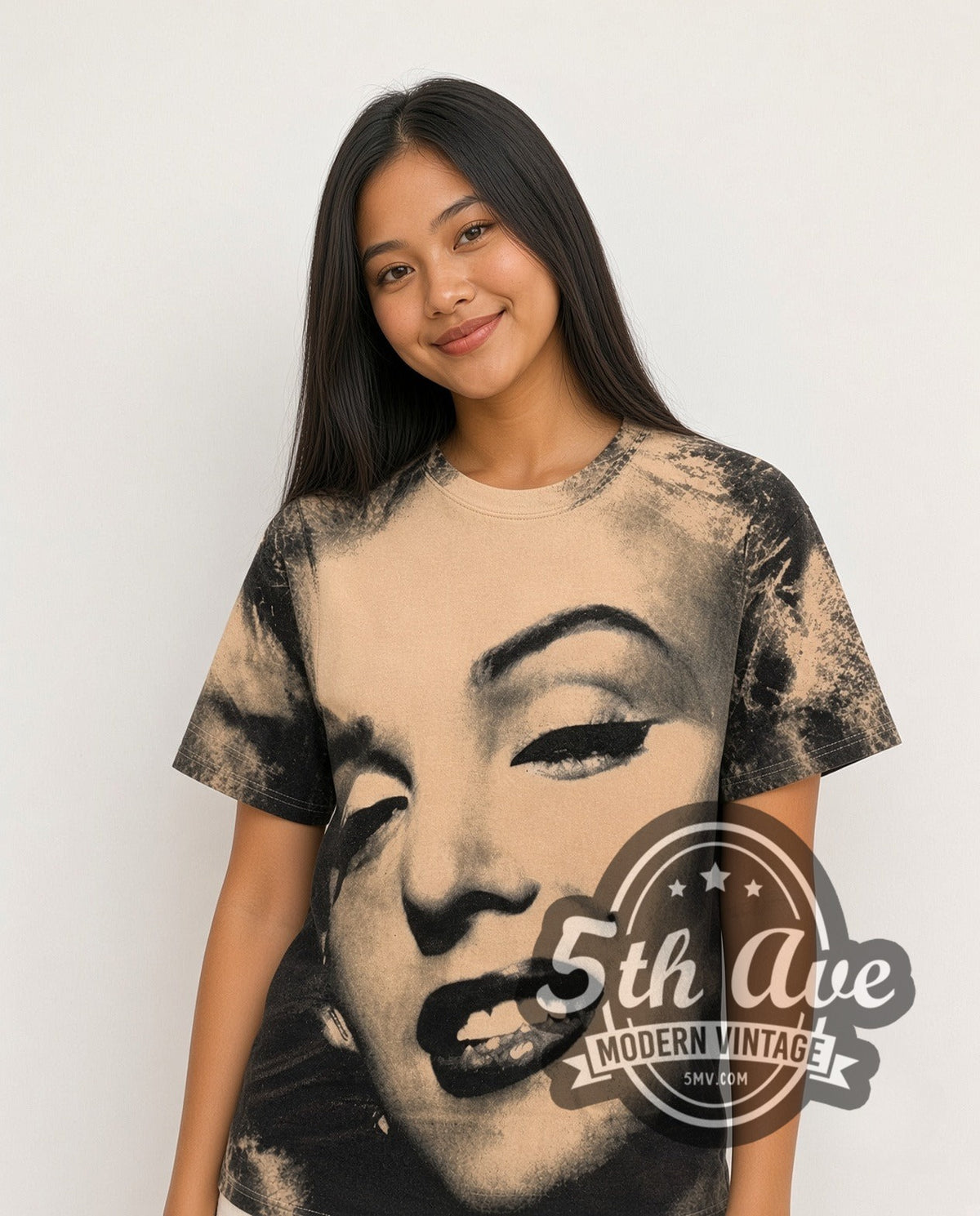 Model wearing the Marilyn Monroe Face Closeup Cream all-over-print vintage graphic tee