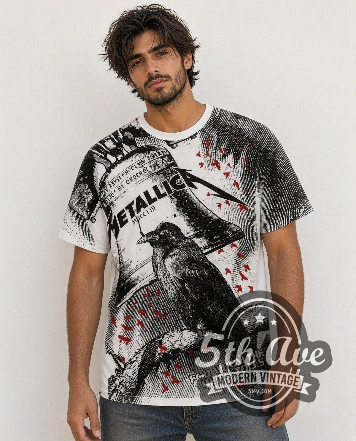 Model wearing the Metallica For Whom the Bell Tolls Crow all-over-print vintage band t-shirt in white