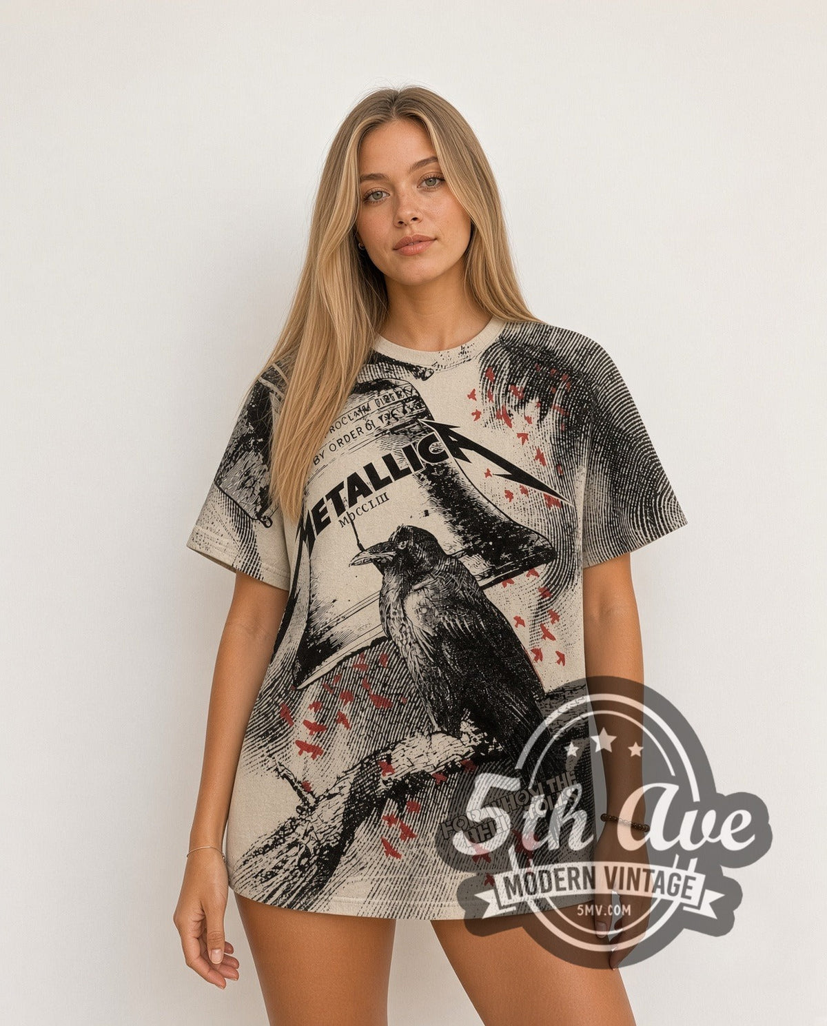 Model wearing the Metallica For Whom the Bell Tolls Crow all-over-print vintage band t-shirt