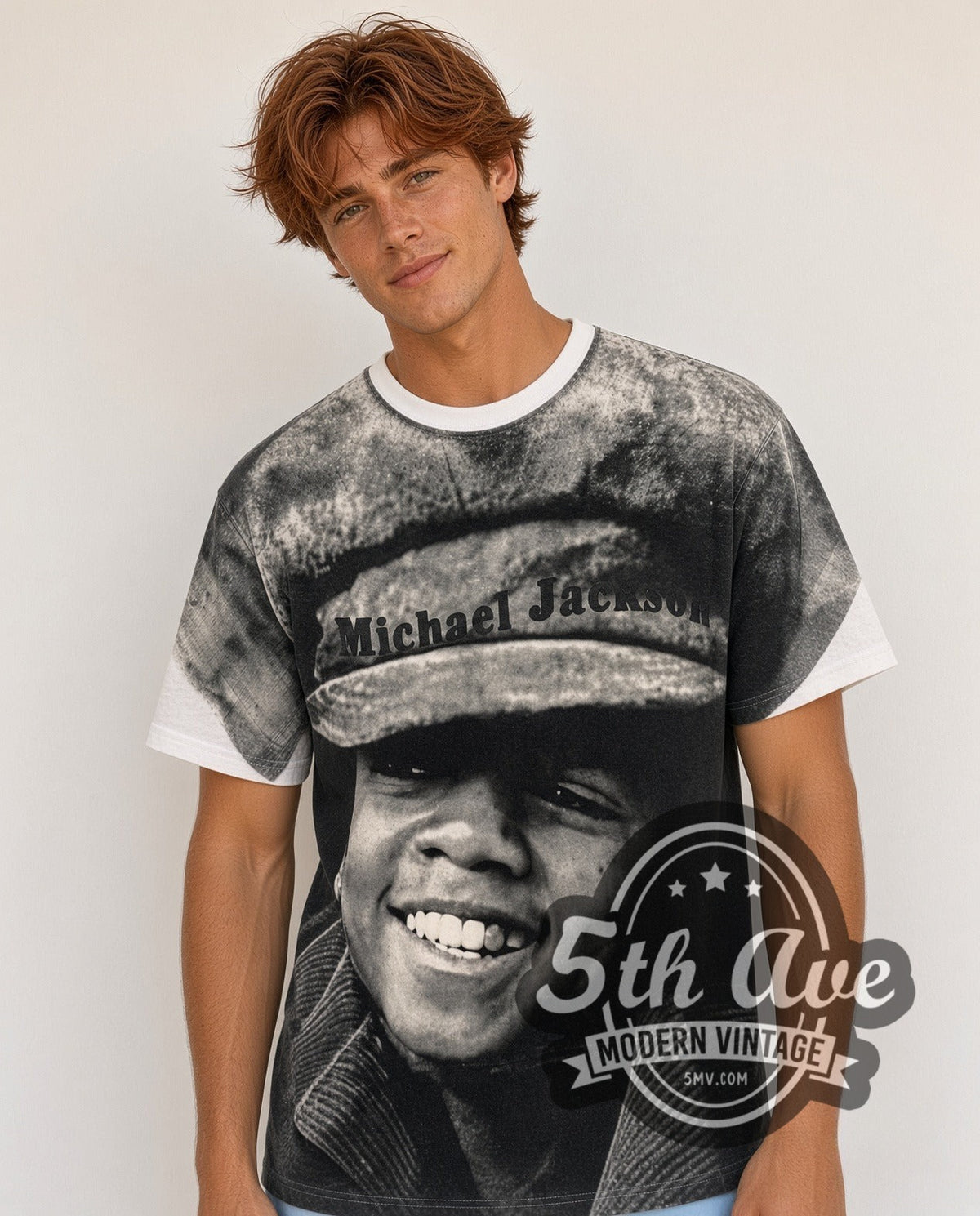 Model wearing the Michael Jackson Hat Portrait all-over-print vintage band tee in white