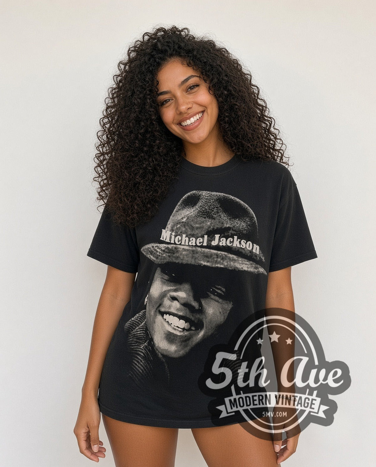 Model wearing the Michael Jackson Hat Portrait all-over-print graphic tee in black