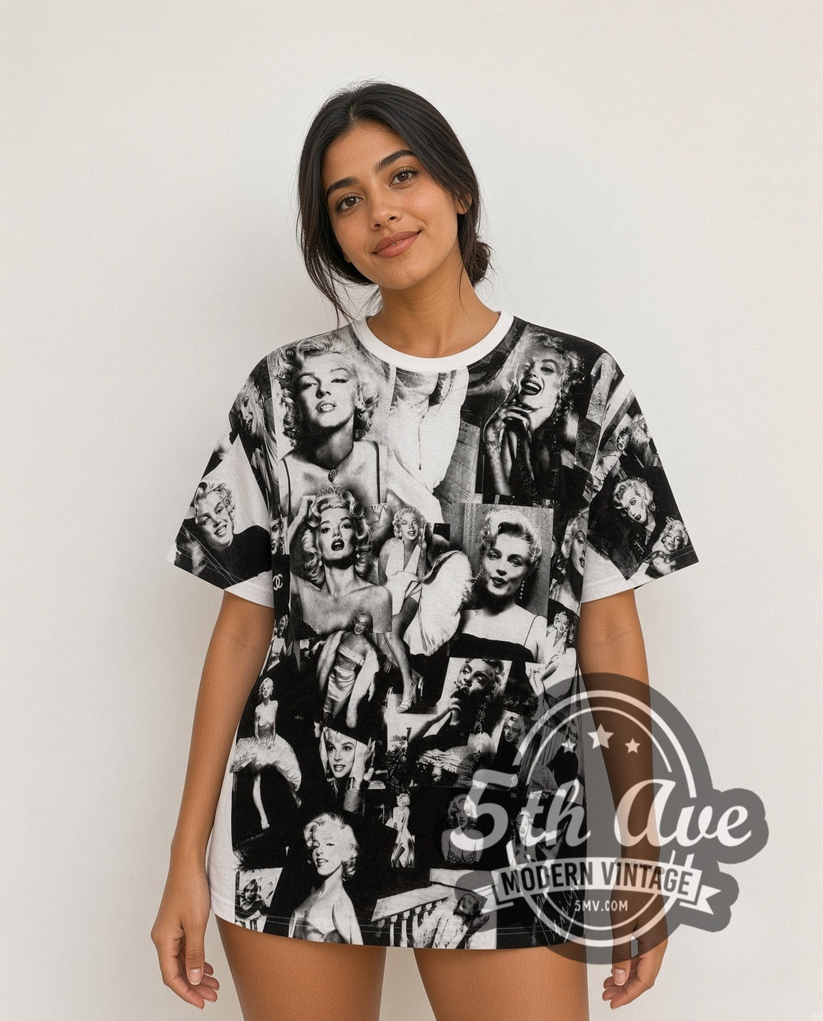 Model wearing the Marilyn Monroe Photo Collage all-over-print vintage graphic tee in white