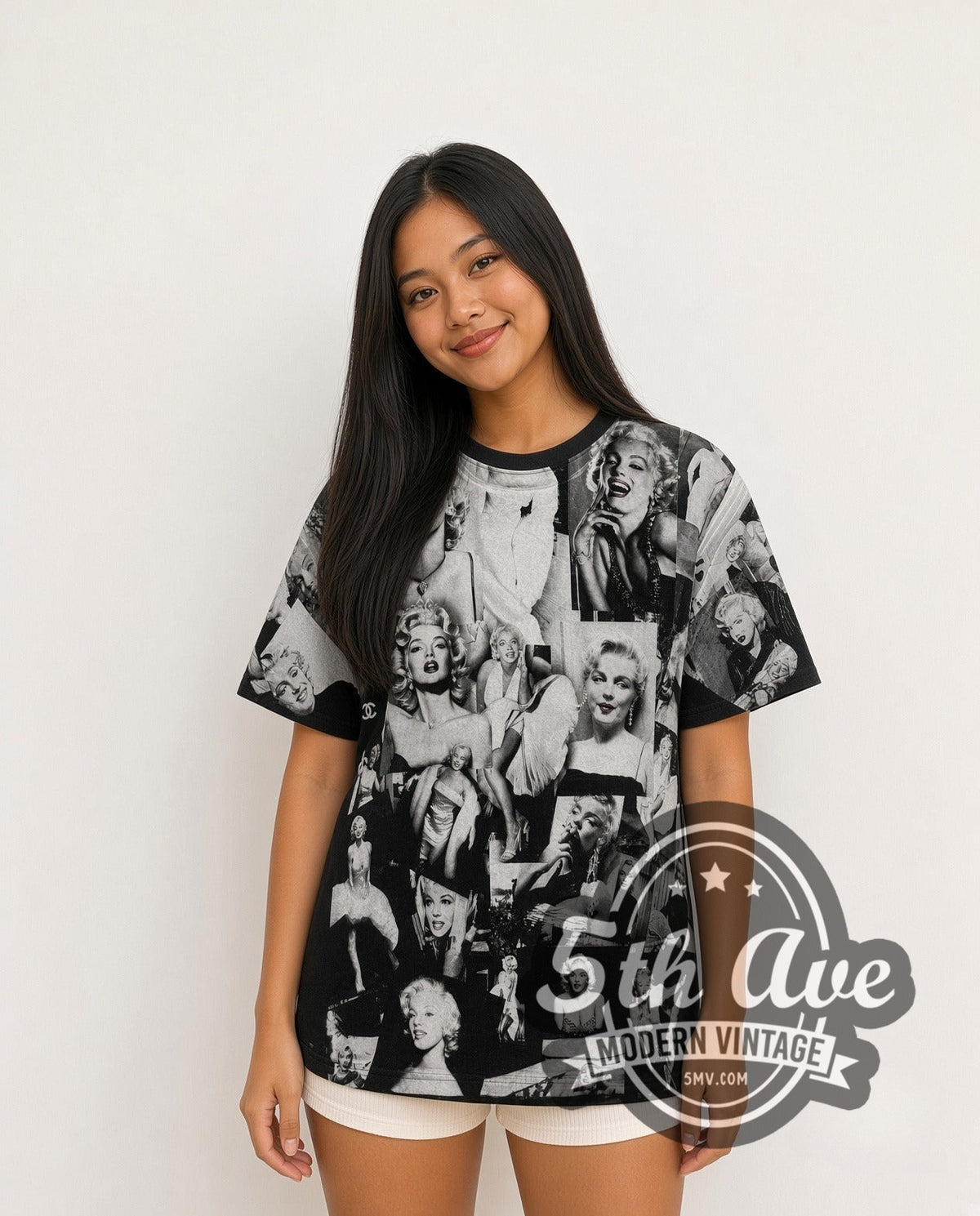 Model wearing the Marilyn Monroe Photo Collage all-over-print vintage graphic tee in black