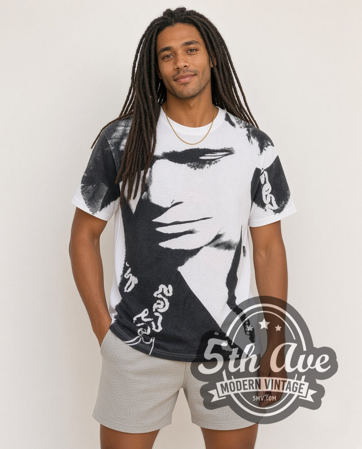 Model wearing the John Mellencamp Whenever We Wanted Tour 1992 all-over-print vintage band t-shirt in white