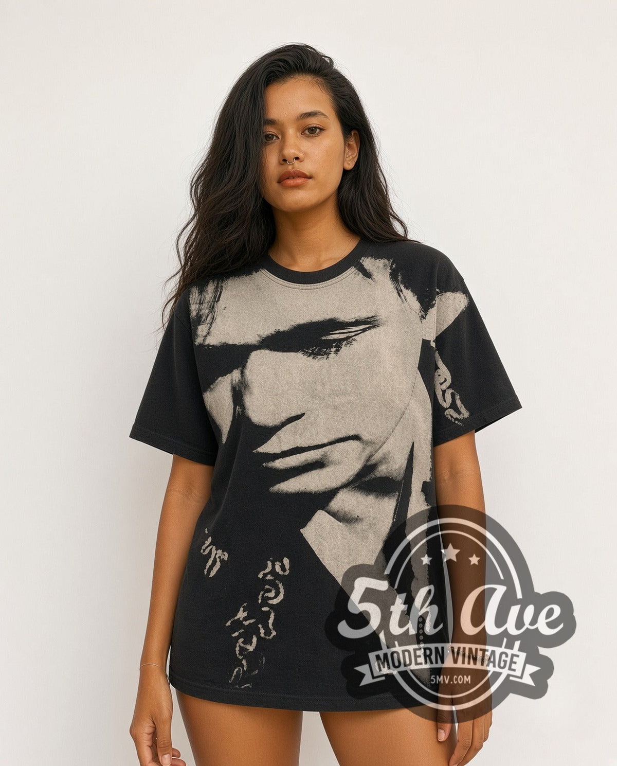 Model wearing the John Mellencamp Whenever We Wanted Tour 1992 all-over-print vintage band t-shirt in black
