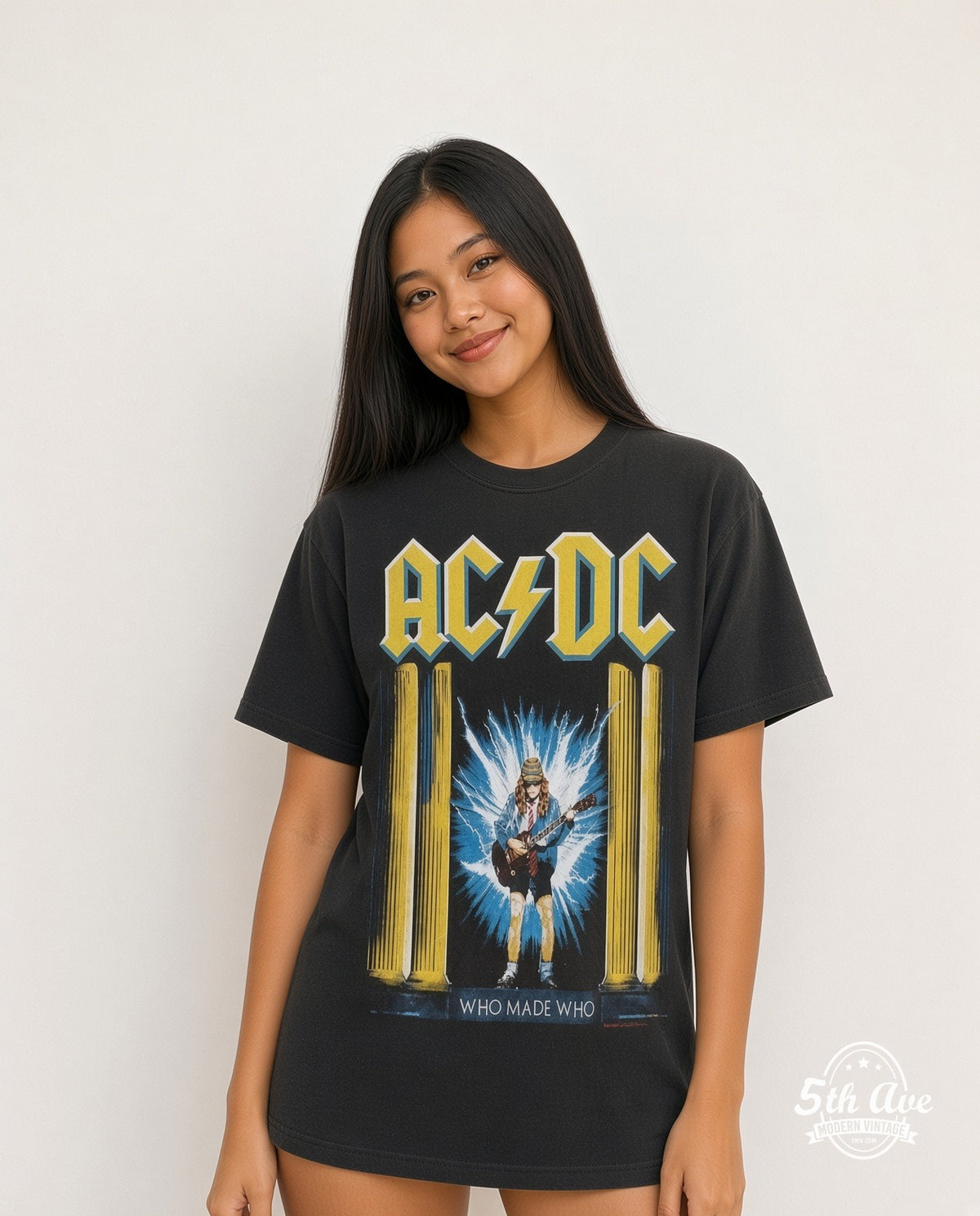 Model wearing AC/DC Who Made Who vintage band tee