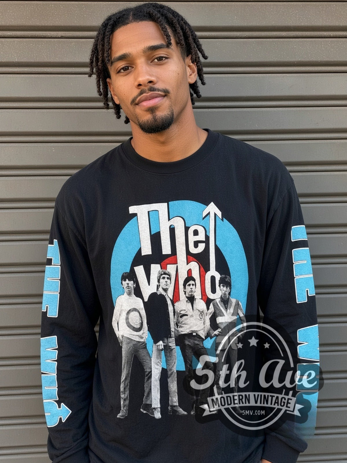 Model wearing The Who Target Logo vintage band long sleeve t-shirt in black