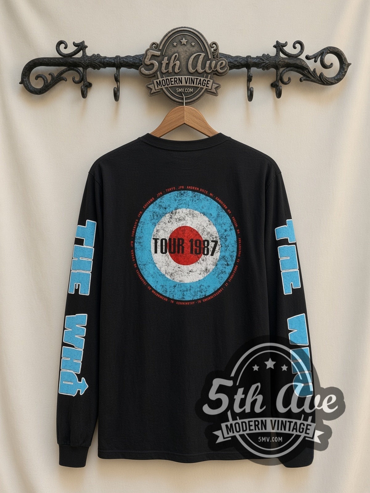 The Who Target Logo vintage band long sleeve t-shirt in black, back view on a display rack