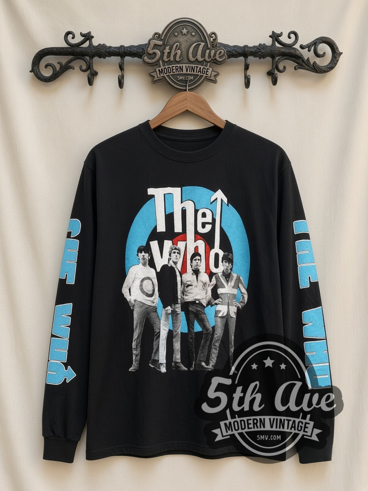 The Who Target Logo vintage band long sleeve t-shirt in black, front view on a display rack