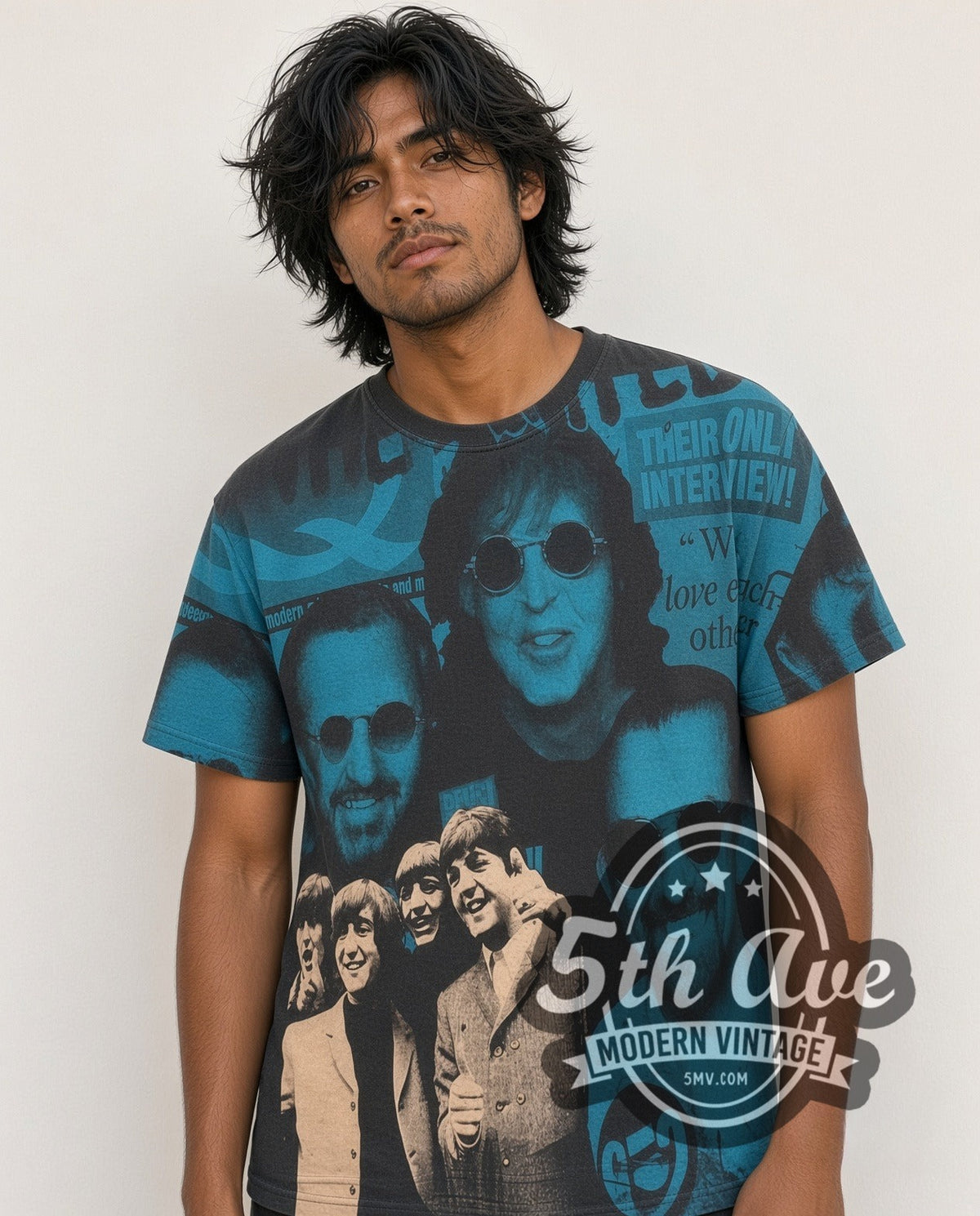 Model wearing The Beatles Fab Four Collage all-over-print vintage band t-shirt