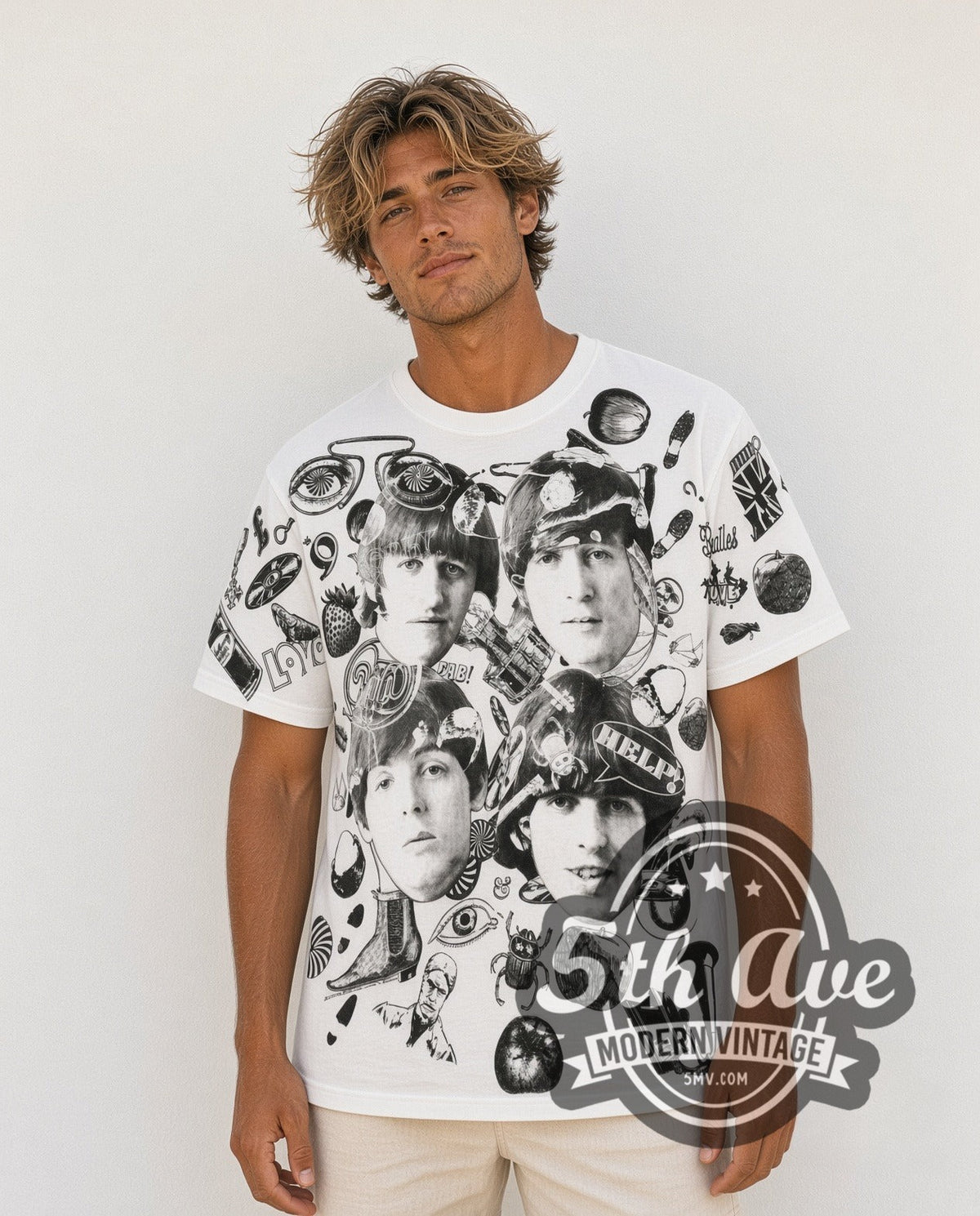 Model wearing The Beatles Help Collage all-over-print vintage band t-shirt in white