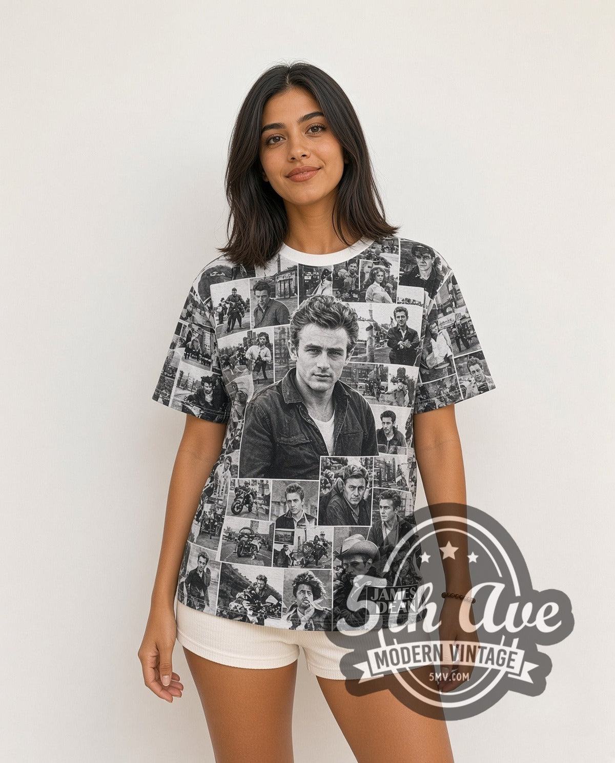 Model wearing the James Dean Portrait Collage B&W all-over-print vintage graphic tee in white