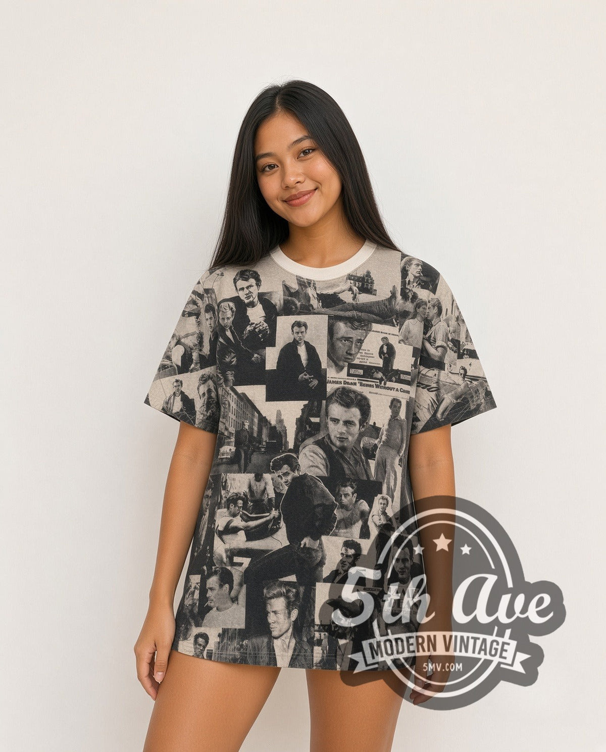 Model wearing the James Dean Portrait Collage Sepia all-over-print vintage graphic tee