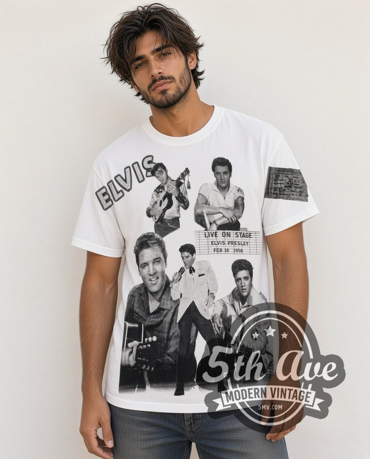 Model wearing the Elvis Presley Live On Stage Collage all-over-print vintage band tee in white